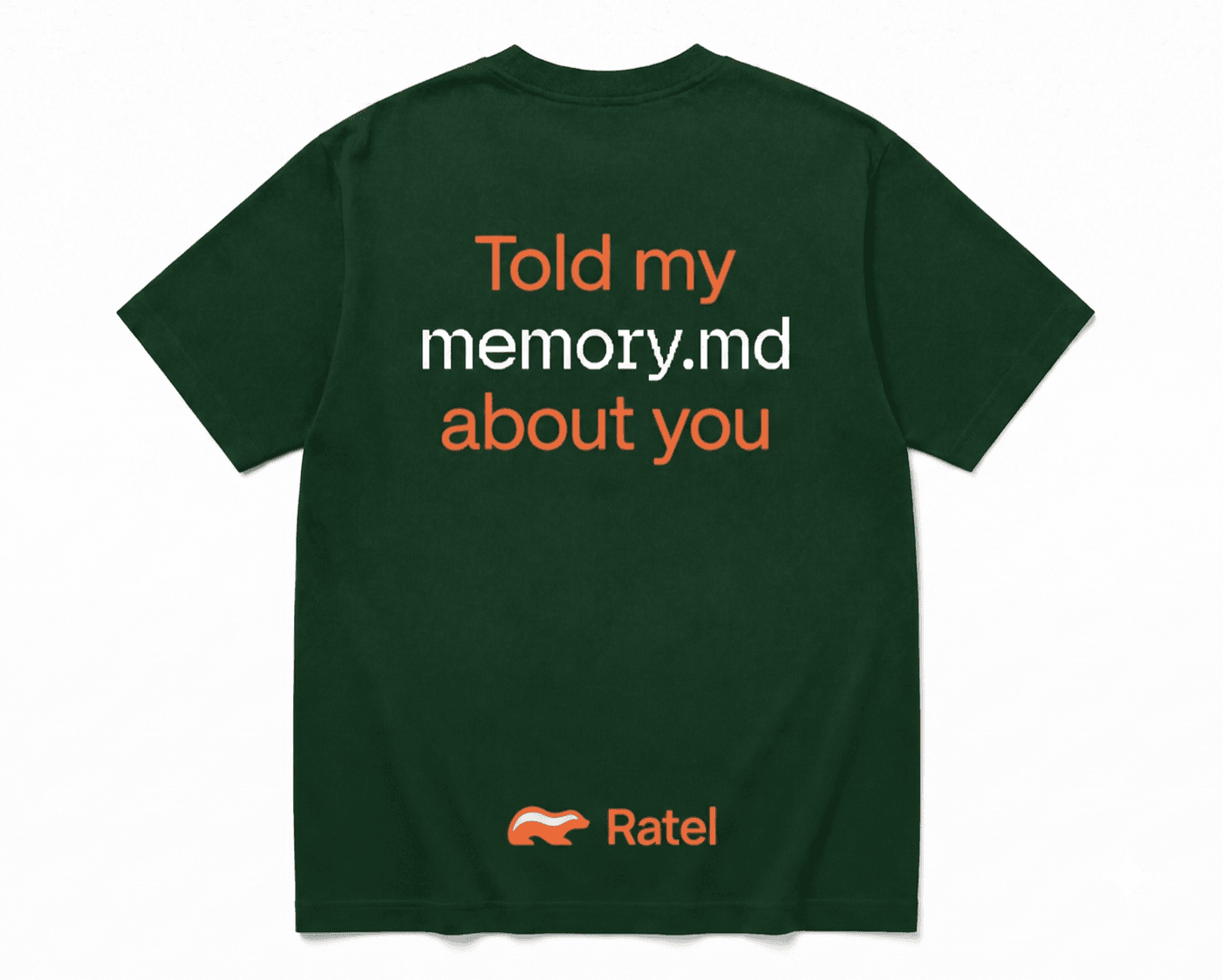 The Ratel Tee, back, printed "Told my memory.md about you"