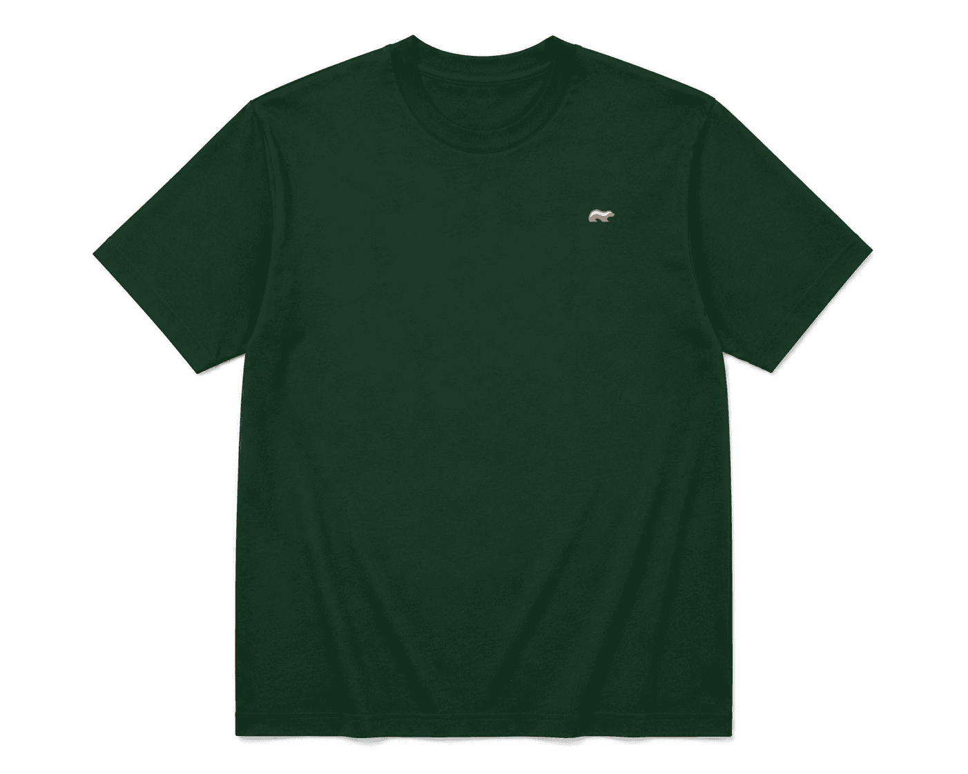 The Ratel Tee, front — forest green with an embroidered badger mark on the chest