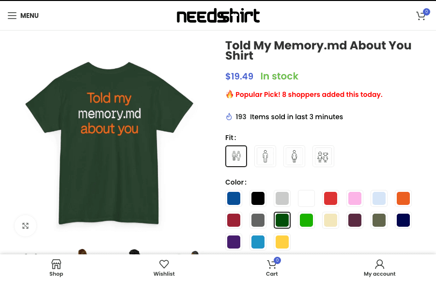 A knockoff store product page for the shirt, priced at $19.49 with fake urgency badges claiming 193 items sold in the last 3 minutes