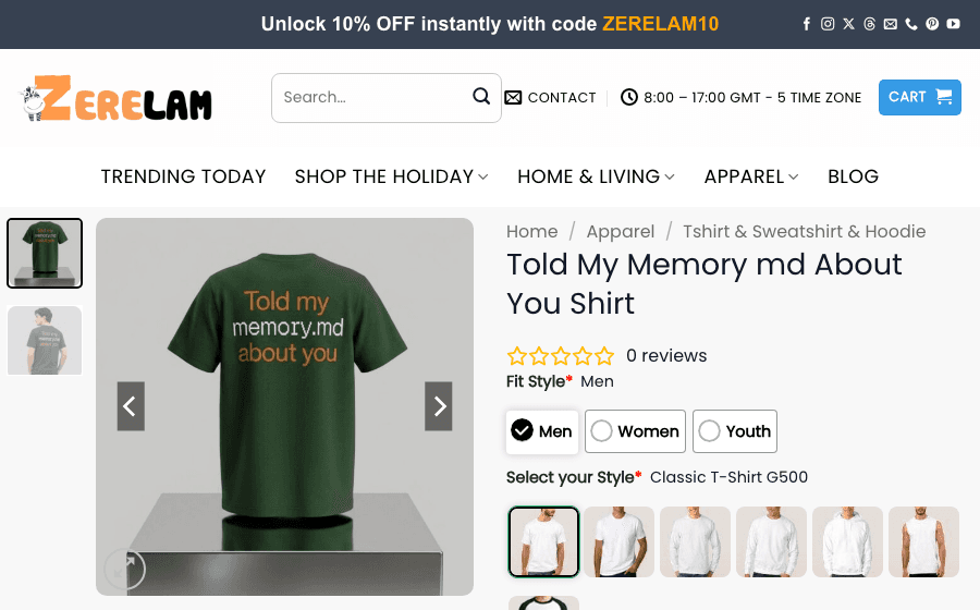 A knockoff store product page for the shirt on zerelam.com, styled as a generic dropship listing with zero reviews