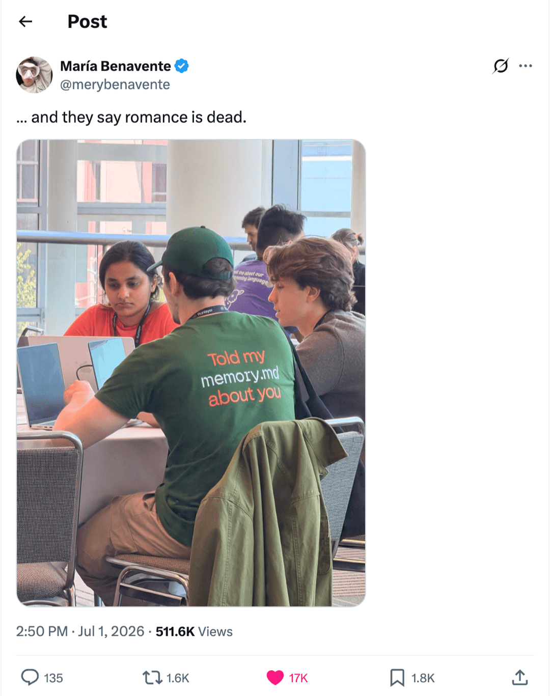 Tweet by María Benavente showing the Ratel badger tee at a conference, captioned “… and they say romance is dead.” (511.6K views)